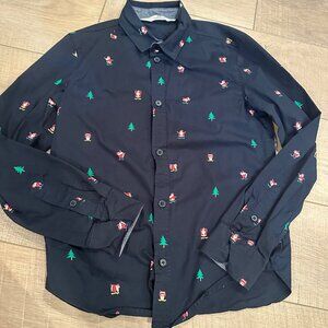 H&M BOYS NAVY BLUE LONG SLEEVE BUTTON SHIRT SANTAS ON SKATEBOARDS